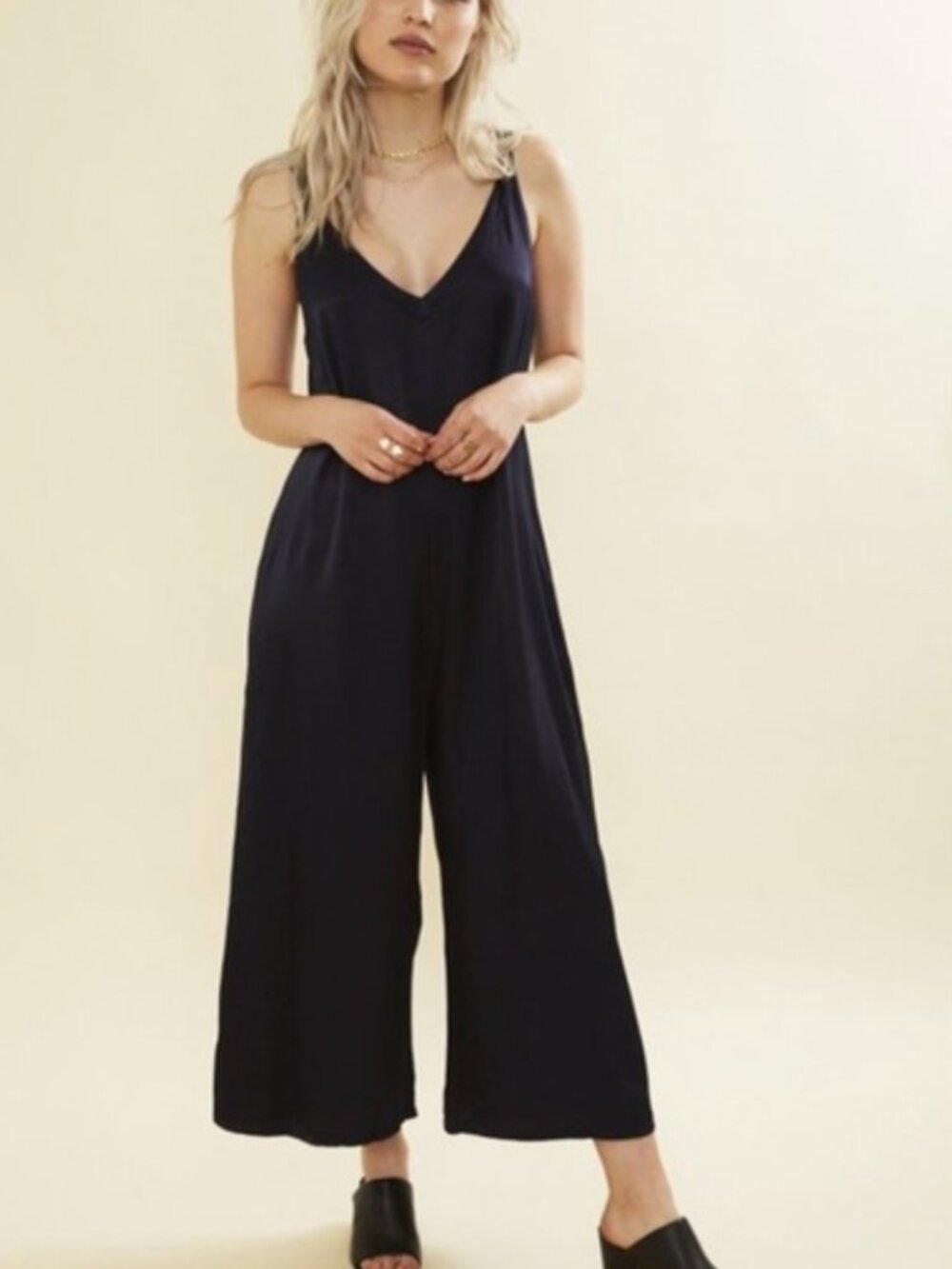 LACAUSA Silk Wide Leg Jumpsuit Navy V Neck Size M